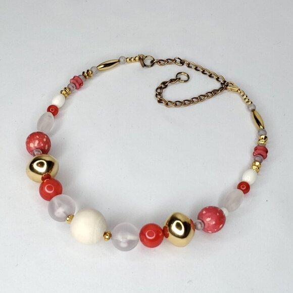Vintage Red Bead Necklace Goldtone White Clear Frosted Teresa Goodall 16" - Picture 2 of 5